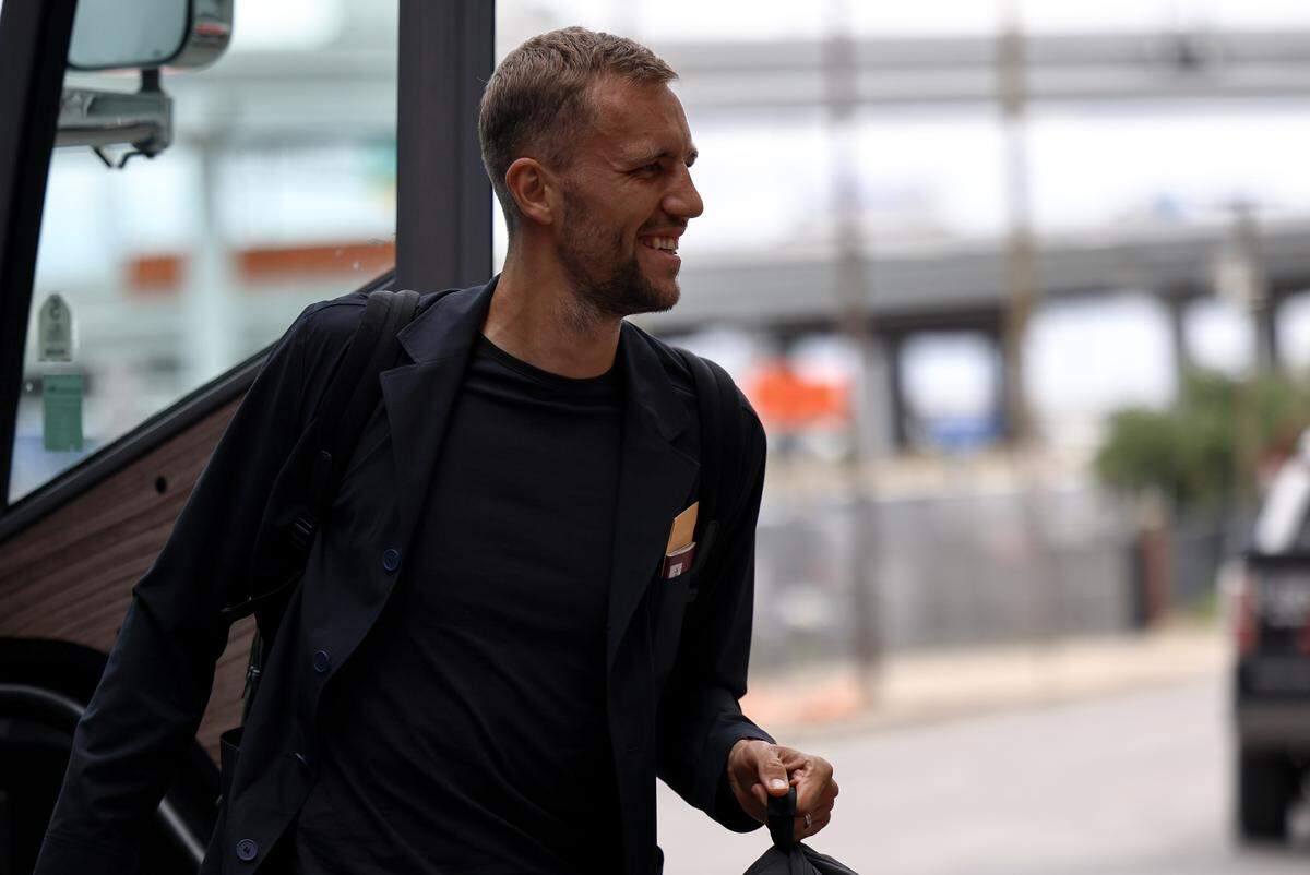 Tomáš Souček, defensive midfielder, exits the Czechian national team's bus after arriving at the Sheraton Hotel on Commerce Street on Friday in Fort Worth. Souček is the highest-scoring Czech player in Premier League history.