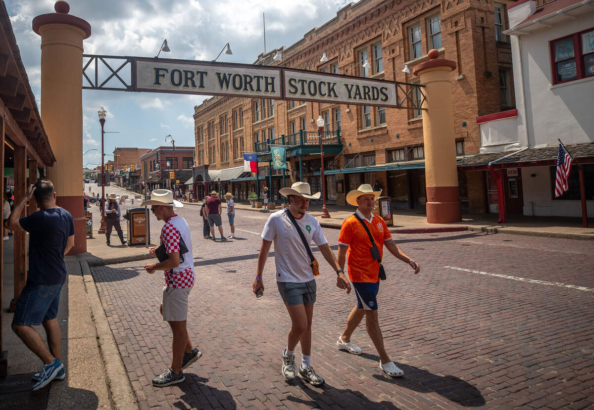 FIFA fans crowd East Exchange Avenue at the Fort Worth Stockyards on June 16, 2026. Texas is hosting a total of 16 FIFA World Cup matches.