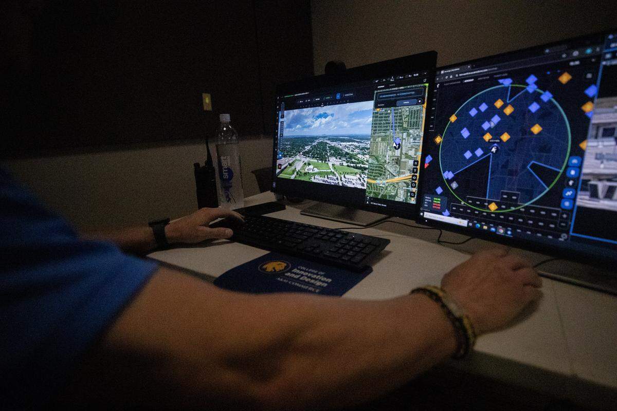 Fort Worth police Officer Buddy Brisco controls a drone during a demonstration at the Bob Bolen Public Safety Complex on Thursday, June 4, 2026. The drone only deploys in response to emergencies.