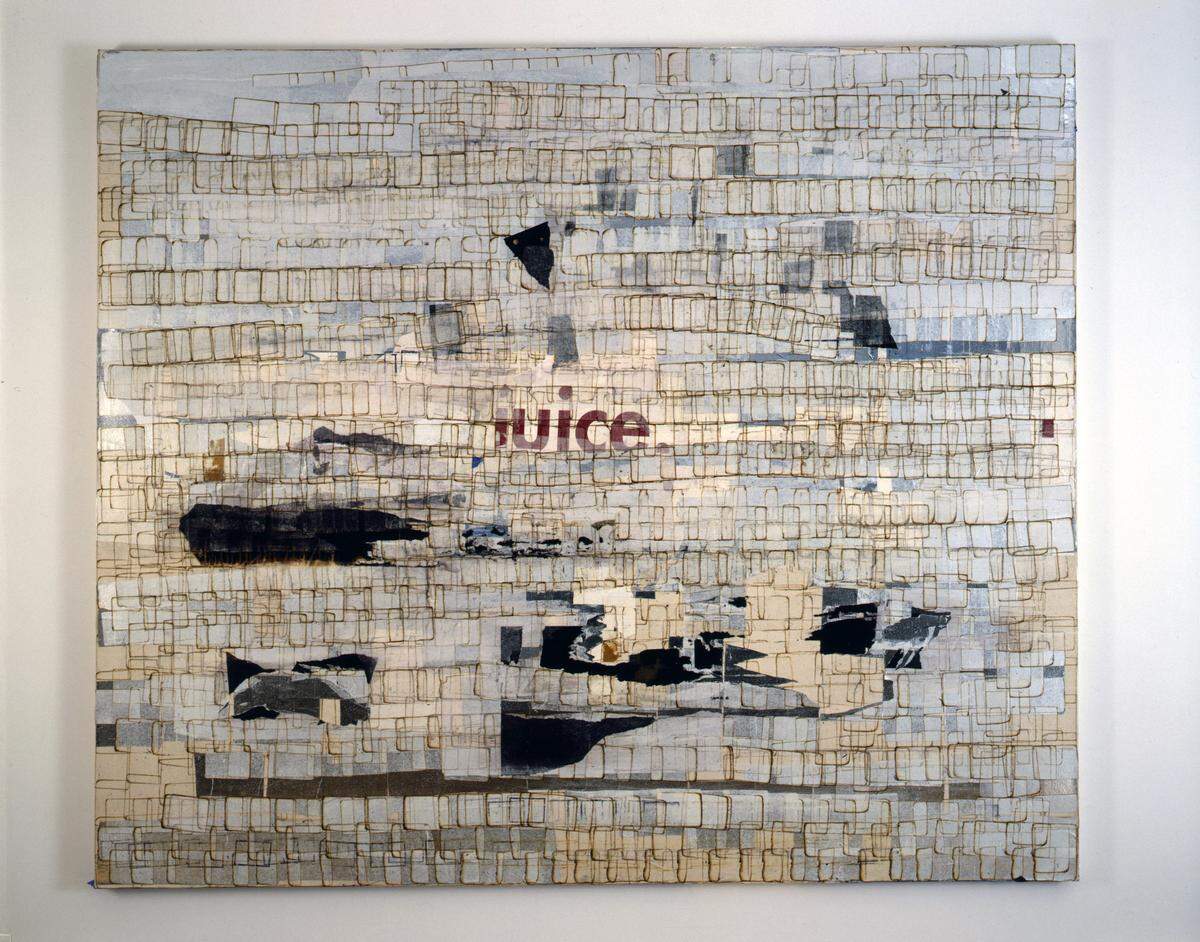 Juice, 2003. Permanent-wave end papers and mixed media on canvas.