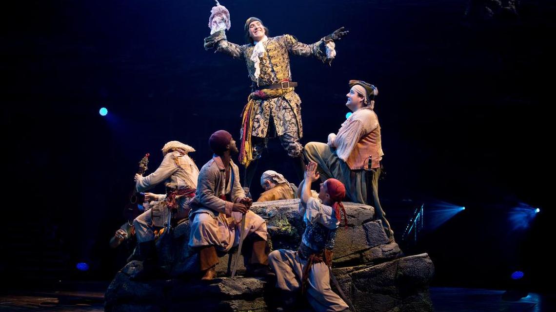 Stephen Carlile stars as Hook, seen here with his pirates, in Peter Pan 360.