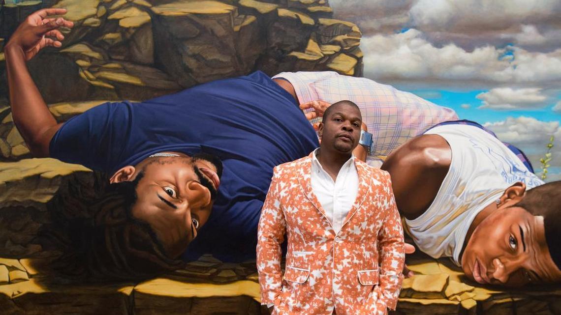 
Artist Kehinde Wiley stands in front of Santos Dumont — The Father of Aviation II, 2009. 


