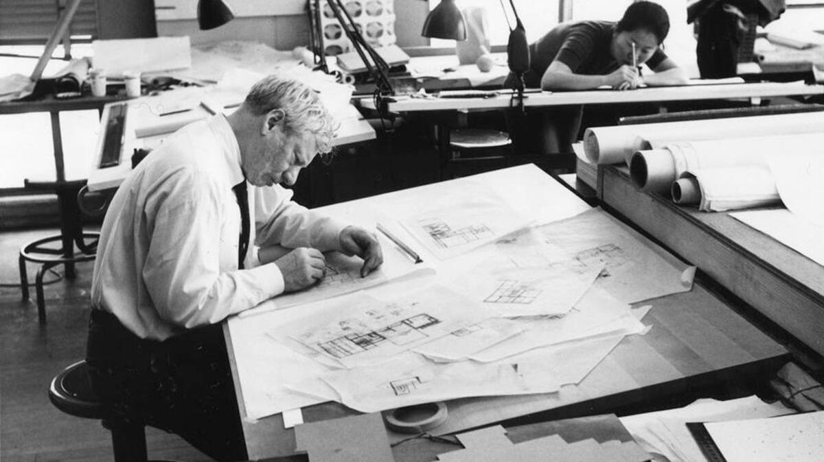 Louis Kahn working on the Fisher House design, 1961