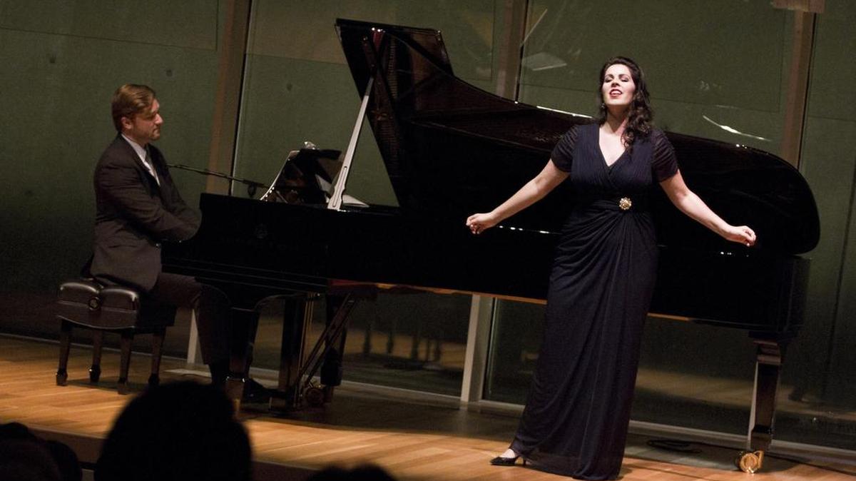 Amanda Woodbury peforms with Brent Funderburk on piano during the Cliburn program "The Rising Stars of the Metropolitan Opera" at the Kimbell Art Museum's Piano Pavilion.