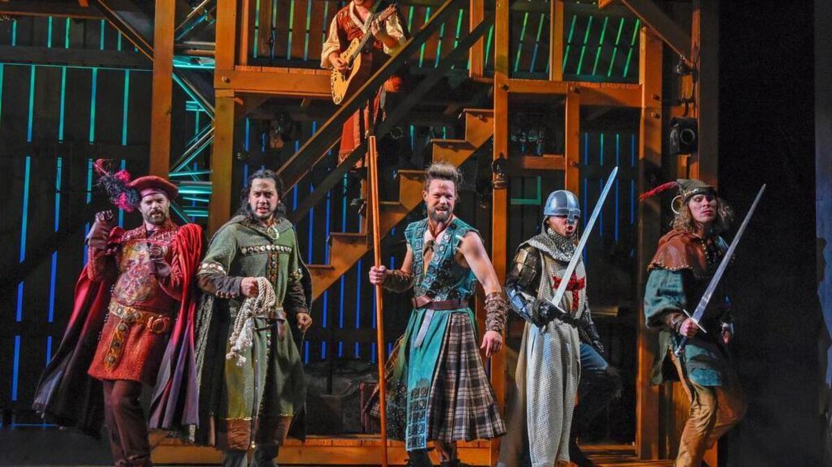 Robin Hood (Nick Bailey, far right), and his Merry Men, in ‘Hood,’ at Dallas Theatre Center.