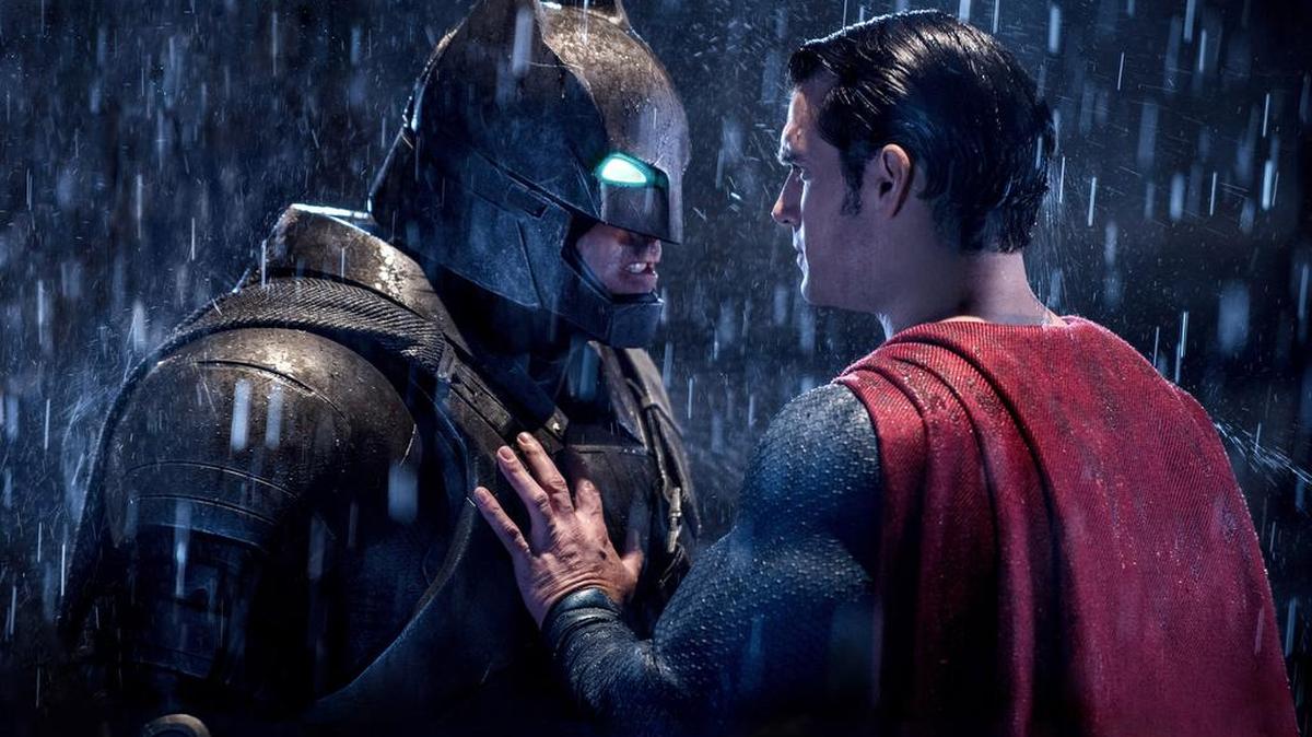 Ben Affleck, left, and Henry Cavill in a scene from, "Batman v Superman: Dawn of Justice."