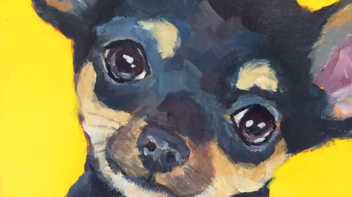 Chihuahua, by Patrica Grimaldos, acrylic on wood “Small Works Show”