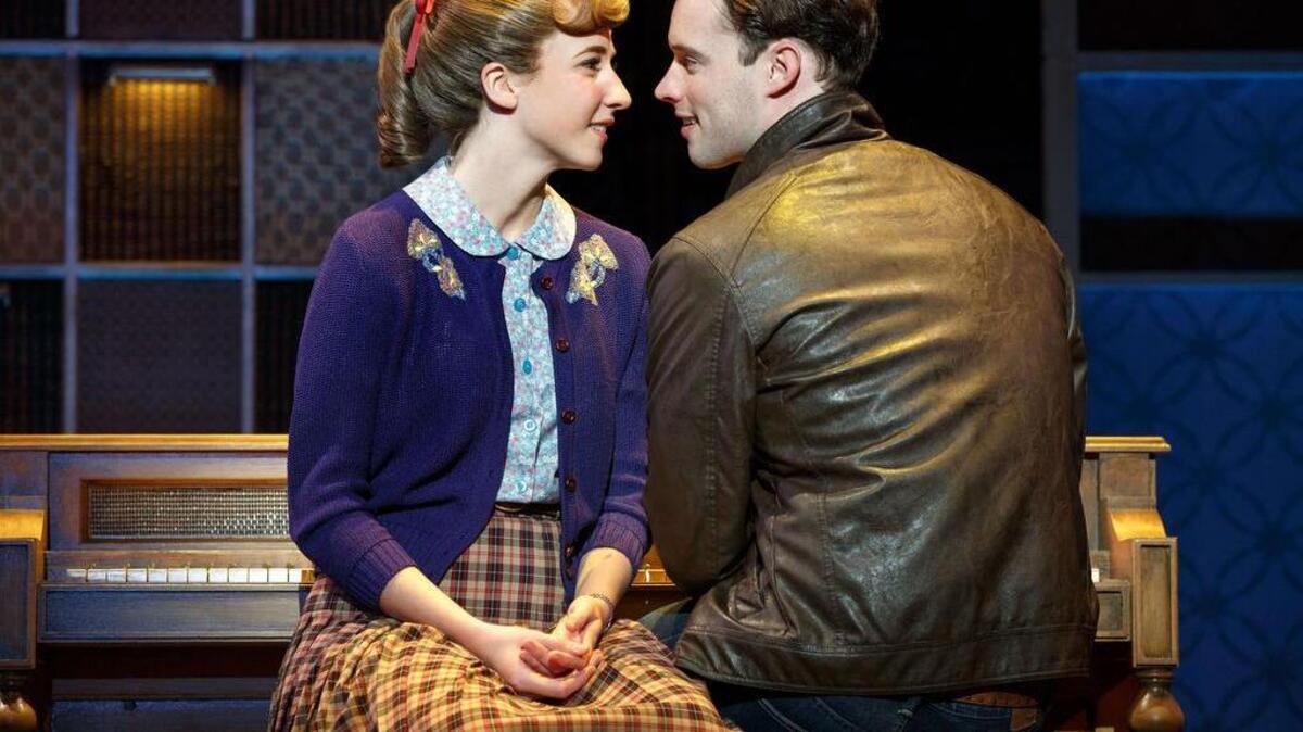 Julia Knitel as Carole King and Liam Tobin as her writing partner, Gerry Goffin, in the touring production of “Beautiful.”
