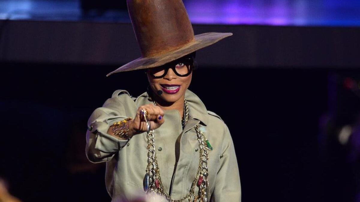In this Nov. 6, 2015 file photo, host Erykah Badu appears at the 2015 Soul Train Awards in Las Vegas. Badu will help judge the Master of the Mic finale in Dallas Saturday.