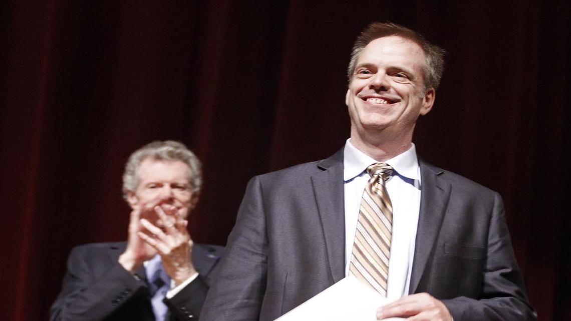 Van Cliburn, left, applauds as Fort Worth resident Clark Griffith is honored in the 2011 Cliburn amateur competition. Griffith will compete again this year.