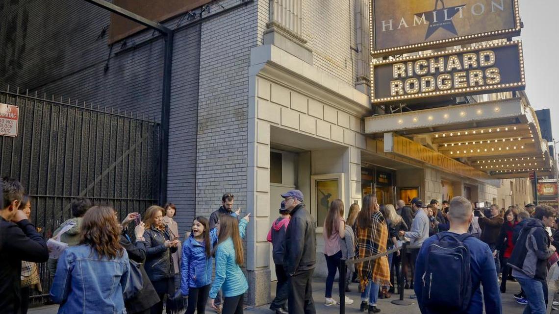 People line-up to see the Broadway play "Hamilton" Nov. 19 in New York.