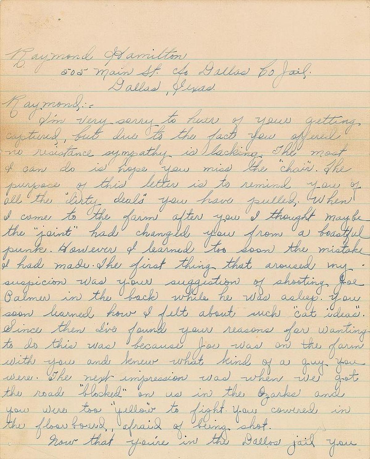 A four-page “So Long” letter penned by Bonnie Parker and signed by Clyde Barrow fetched $16,250 at auction in Boston Saturday.