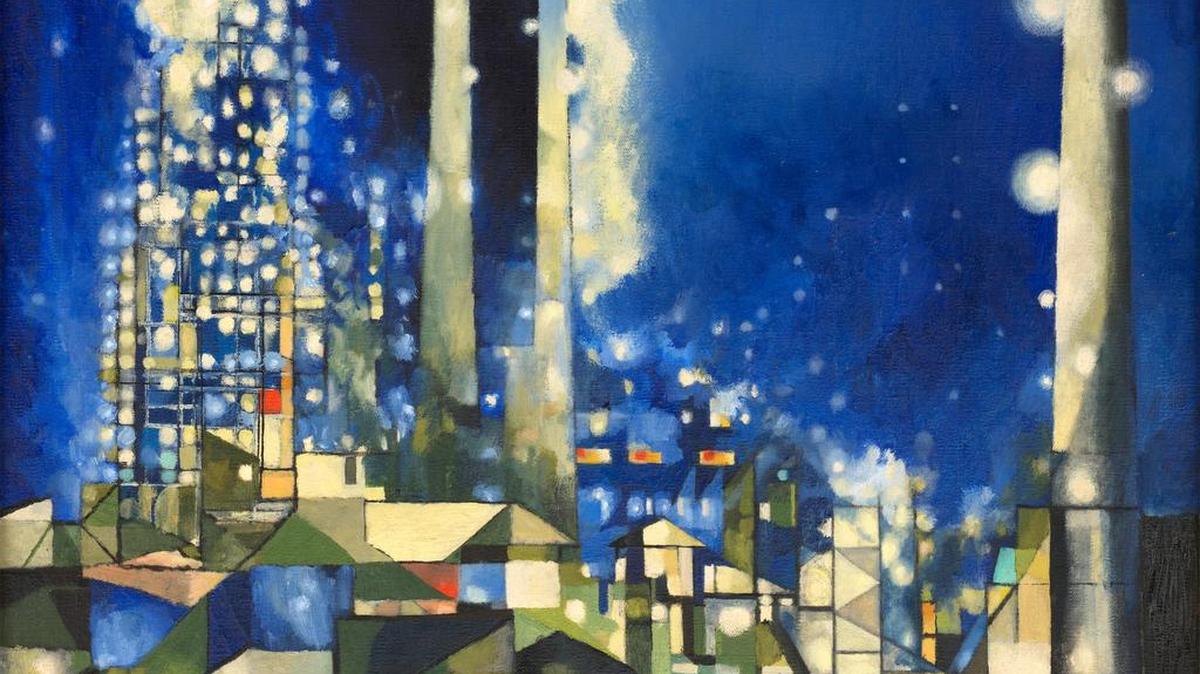 “Night Grid (Handley Power Plant)” by George Grammer,1951, oil on canvas, in the “George Grammer: Full Circle” exhibit at Texas Wesleyan University’s new Bernice Coulter Templeton Art Studio