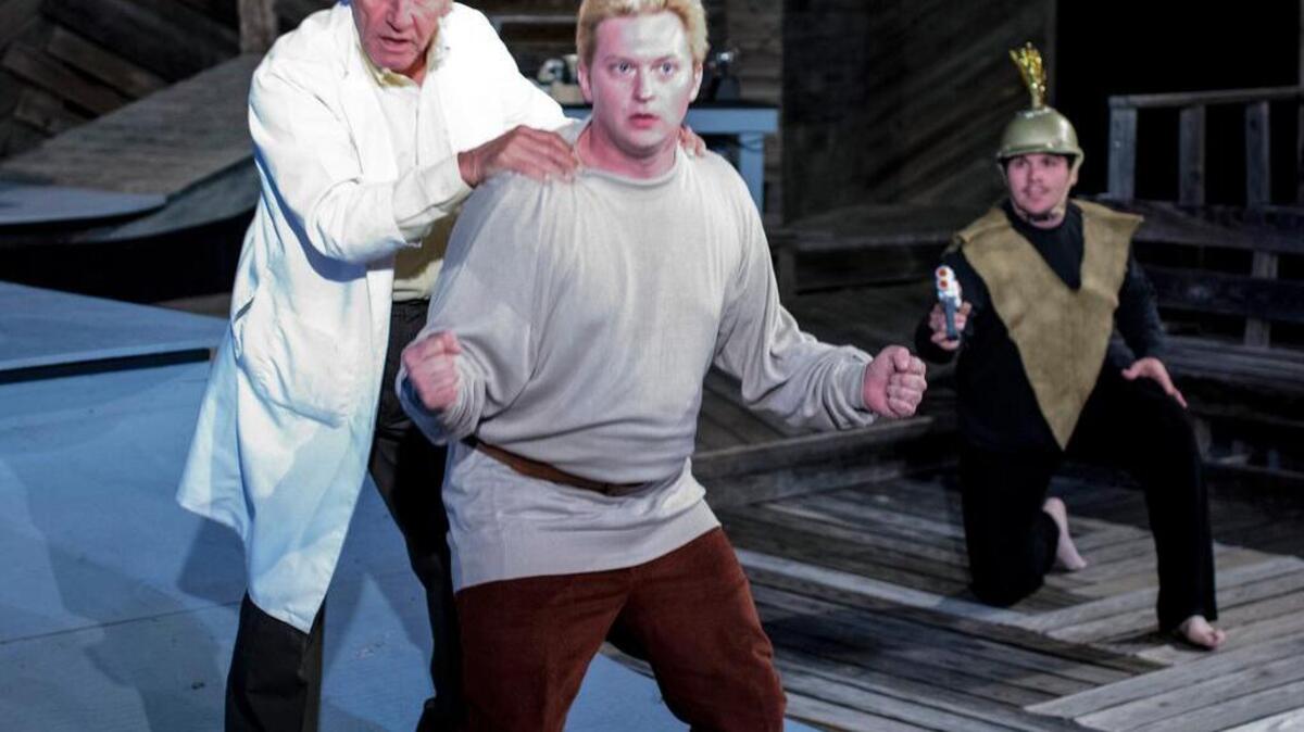 Flash Gordon (James Warila) and Dr. Zarkov (Thad Isbell) in ‘Flash Gordon Conquers the Universe’ at Hip Pocket Theatre.