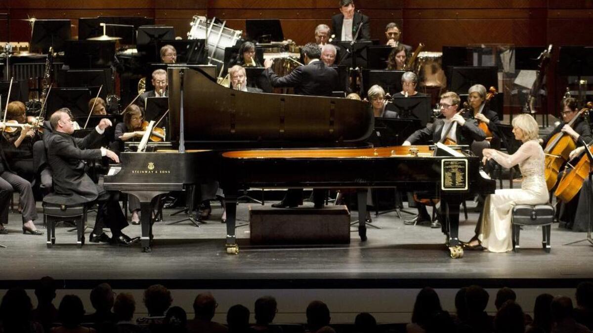 
Louis Lortie, left and Helene Mercier perform a Mozart double concerto with the Fort Worth Symphony Orchestra Friday, Sept. 11, 2015.
