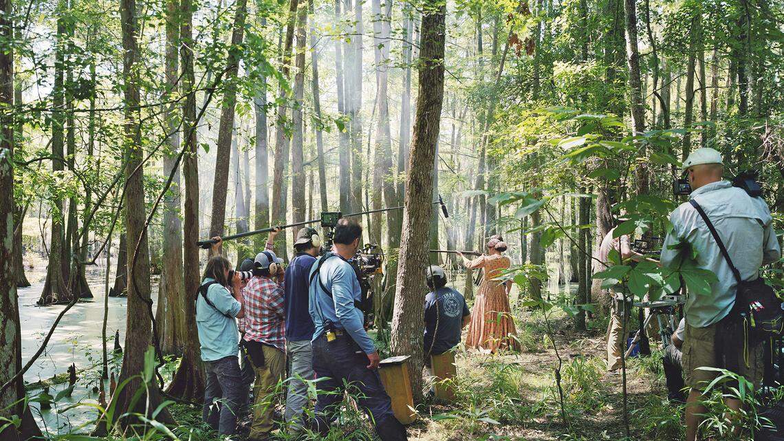 An-My Lê (b. 1960), Fragment VII: Film Set (Free State of Jones), Firing Lesson, Chicot State Park, Louisiana, 2016, inkjet print.