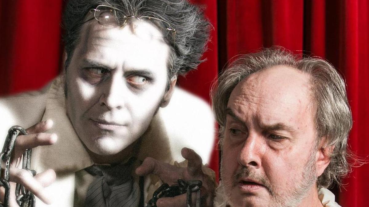 Marley (Travis Cook) sticks around to advise Scrooge (Robert Banks) in the play.