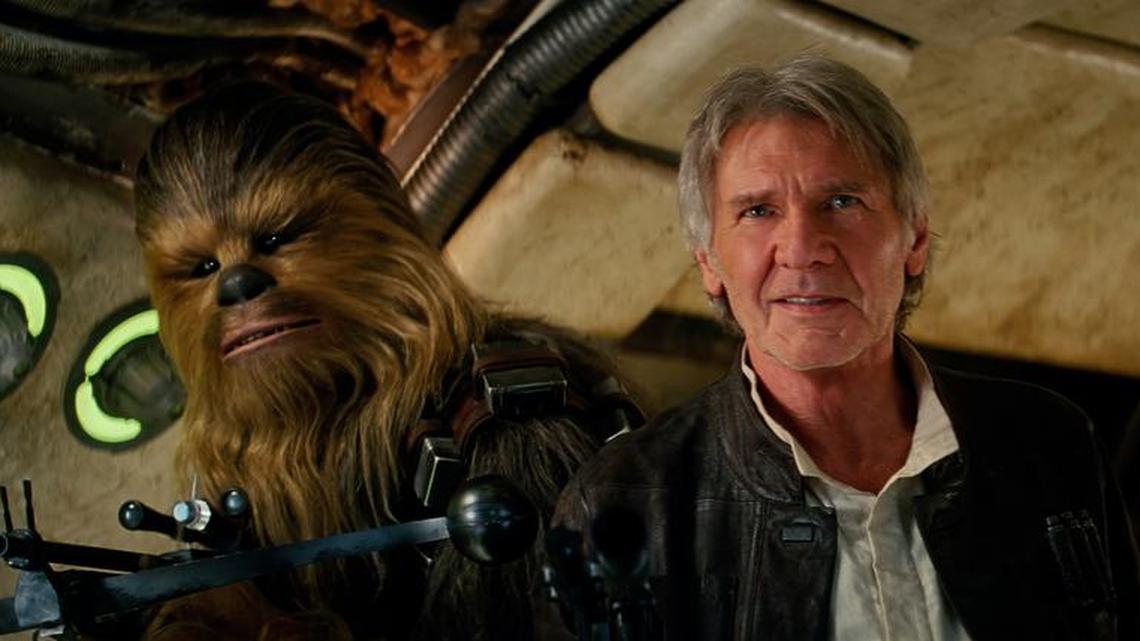 Chewbacca (Peter Mayhew), left, and Han Solo (Harrison Ford) in a scene from "Star Wars: The Force Awakens," the highly anticipated film by J.J. Abrams that hits theaters Dec. 18.
