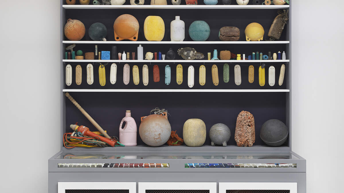 “Cabinet of Marine Debris”, 2014, by Mark Dion. Wood, glass, metal, paint, assorted marine debris, plastic, and rope.