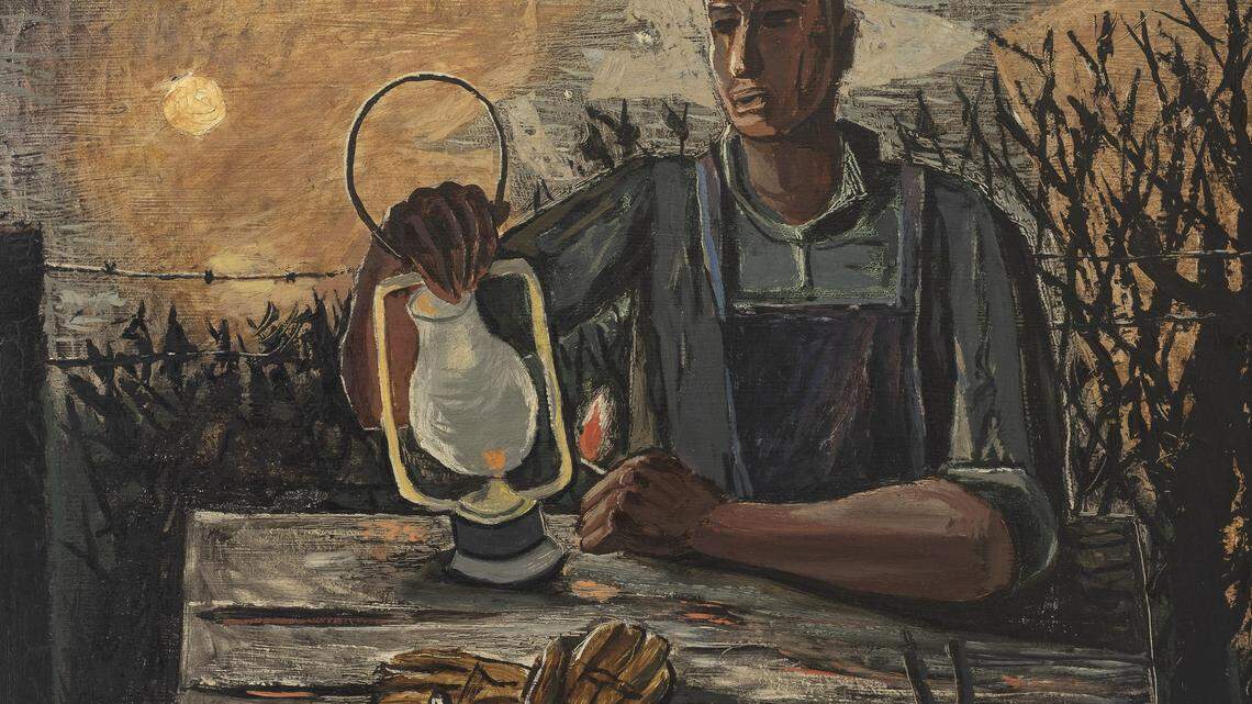 The painting “Man Lighting Lantern,” 1946, oil on Masonite by Everett Spruce (1908–2002), is part of the Amon Carter’s exhibit “Texas Made Modern: The Art of Everett Spruce.”