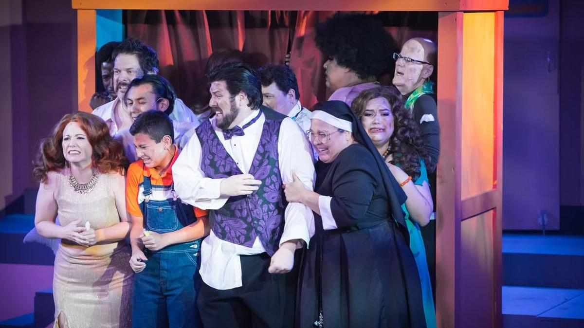 Counterclockwise from left, the cast of “Disaster” includes, Rebecca Paige, Grayson Oliver, Andrew Friedrich, Michelle Phillips, Nancy Lopez, Doug Fowler, Jason Solis, Jonathan Garcia, Jacob Rivera-Sanchez, Mike Hathaway, and Carlos Brumfield.