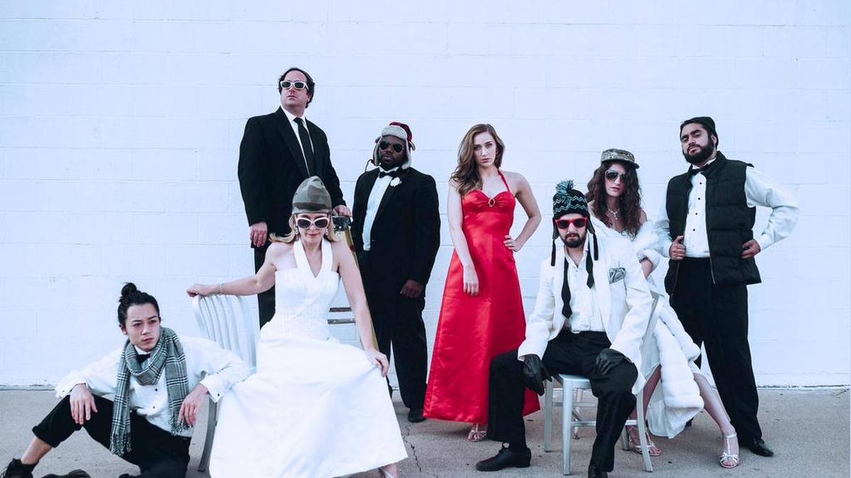 The cast of “The Royal Society of Antarctica,” from left: Christopher Lew, Michael Federico (back), Dana Schultes, Christopher Dontrell Piper, Grace Montie, Drew Wall, Kelly Stewart, Ruben Carrazana.