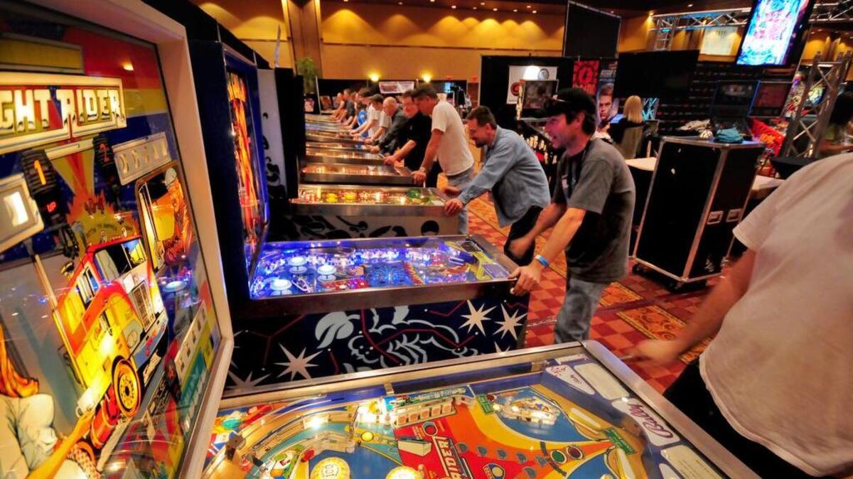 A shot of Competition Row from the 2015 Texas Pinball Festival