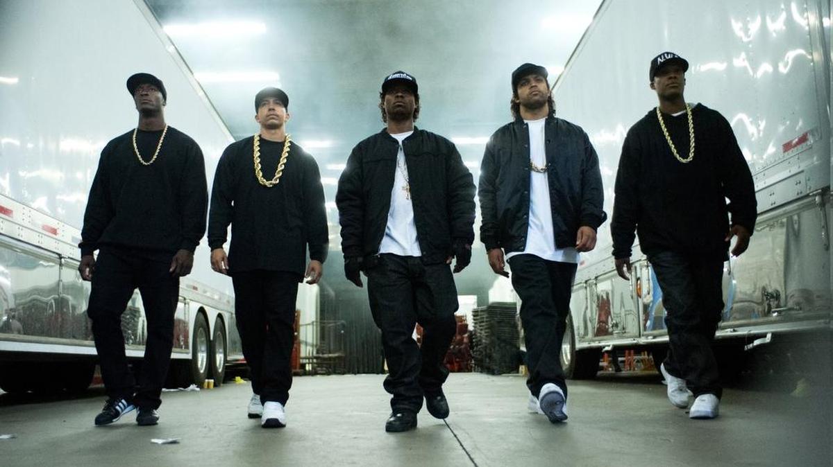 
The cast of ‘Straight Outta Compton’ includes (from left) Aldis Hodge, Neil Brown Jr., Jason Mitchell, O’Shea Jackson Jr., and Corey Hawkins. 
