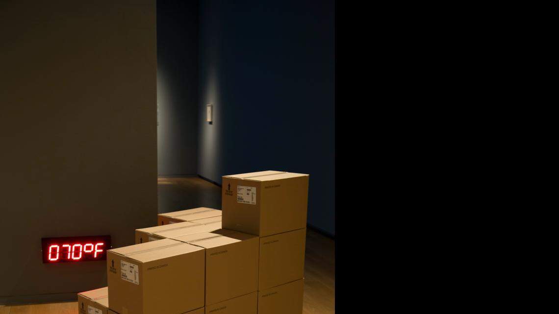 
The sound track to Mario Garcia Torres’ film is packed in boxes stacked in the gallery
