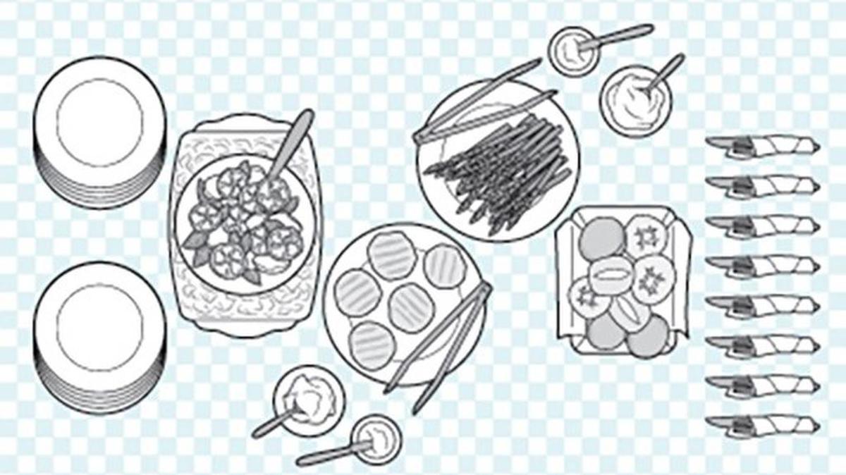 Buffet tips: Rest cold salads on ice; put condiments on both sides; lay napkin-wrapped silverware at end; stack plates at head of table; set out tongs for serving food.