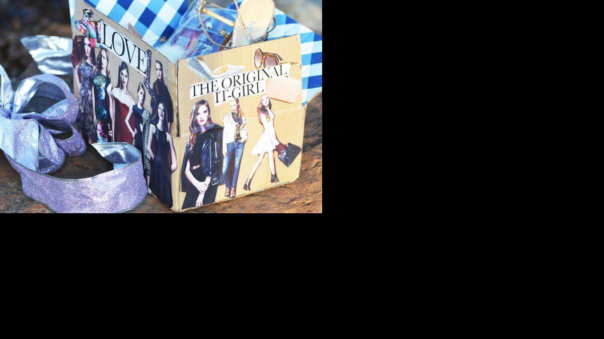 
Magazine cuts-outs can decorate a shipping box.
