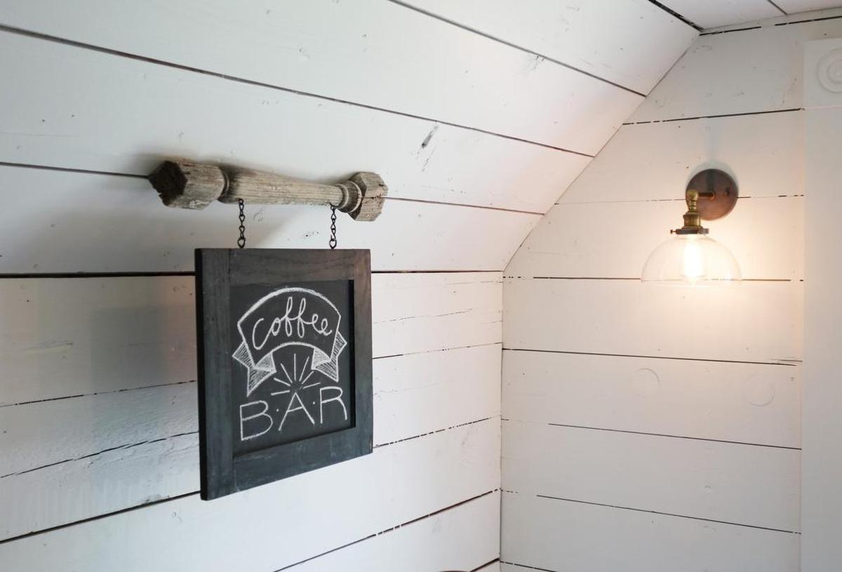 A coffee bar is a surprise upstairs.