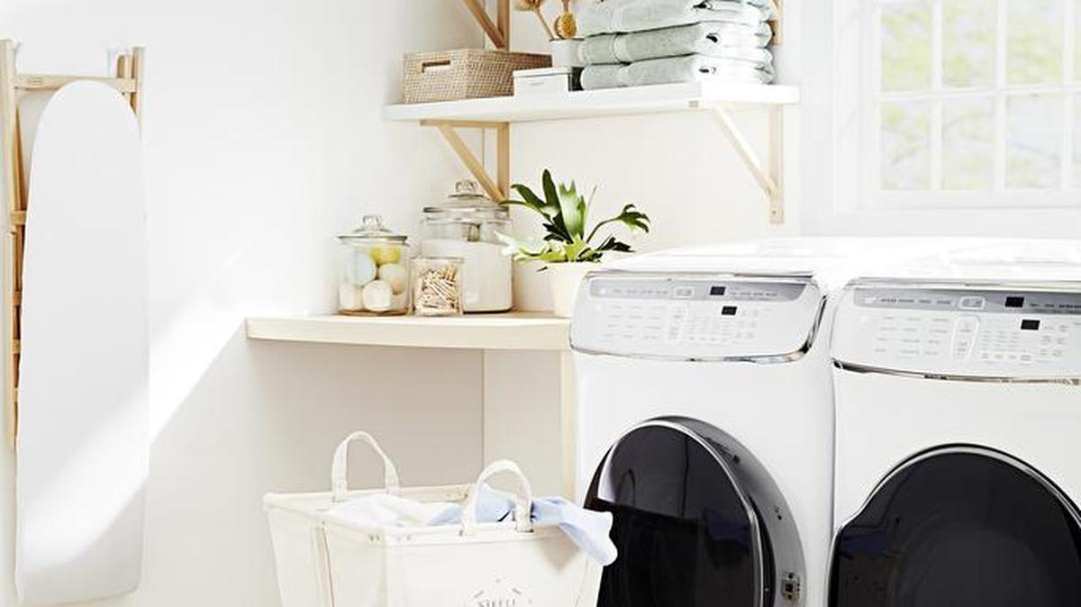 Create a pleasant, airy laundry room by decanting supplies into clear lidded jars to simplify refills. And always leave an empty front loader’s door open after a cycle so the drum can dry.