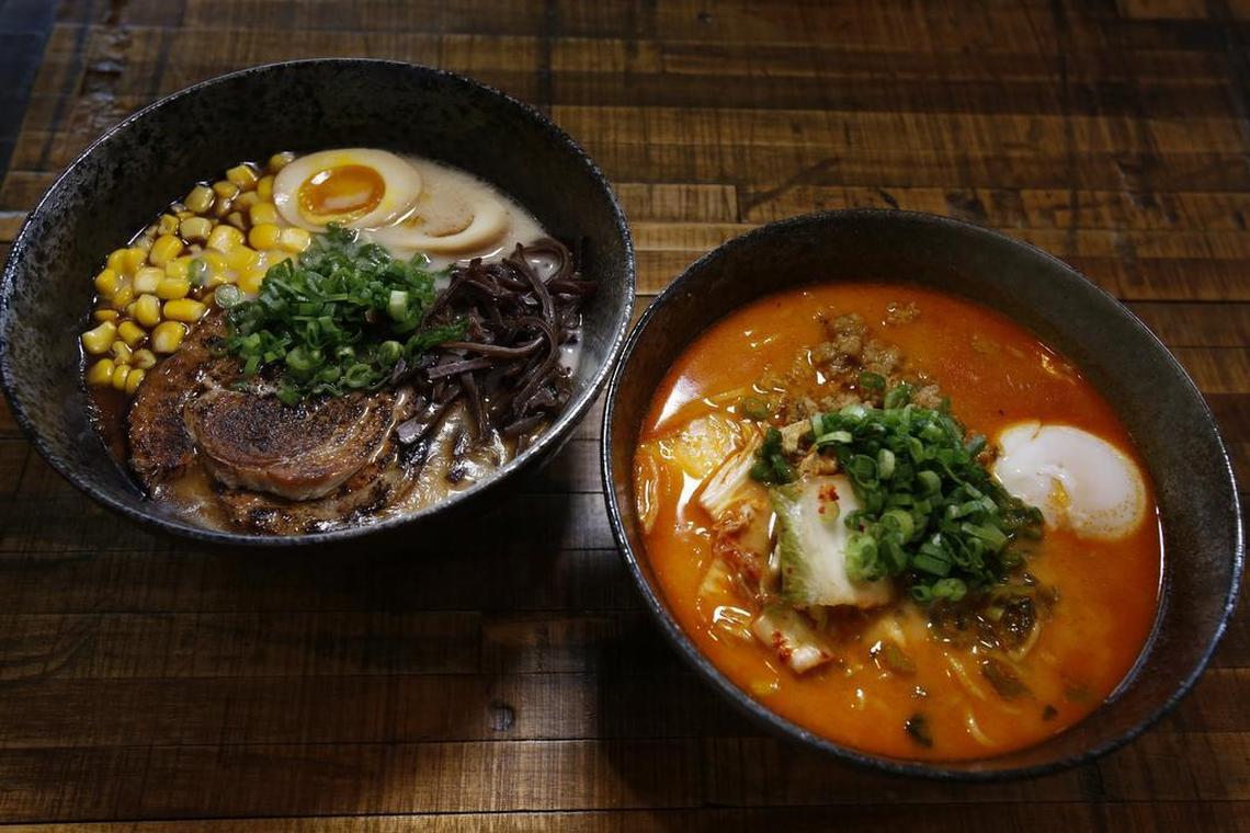 Tonkotsu ramen, left, and kimchi ramen at Piranha Killer Ramen, newly opened in Arlington