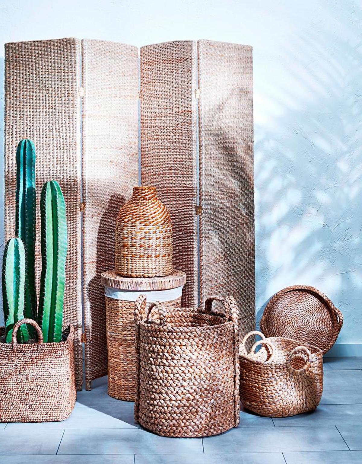 Made to last: These baskets and screen woven with water hyacinth have an appealing depth to them.