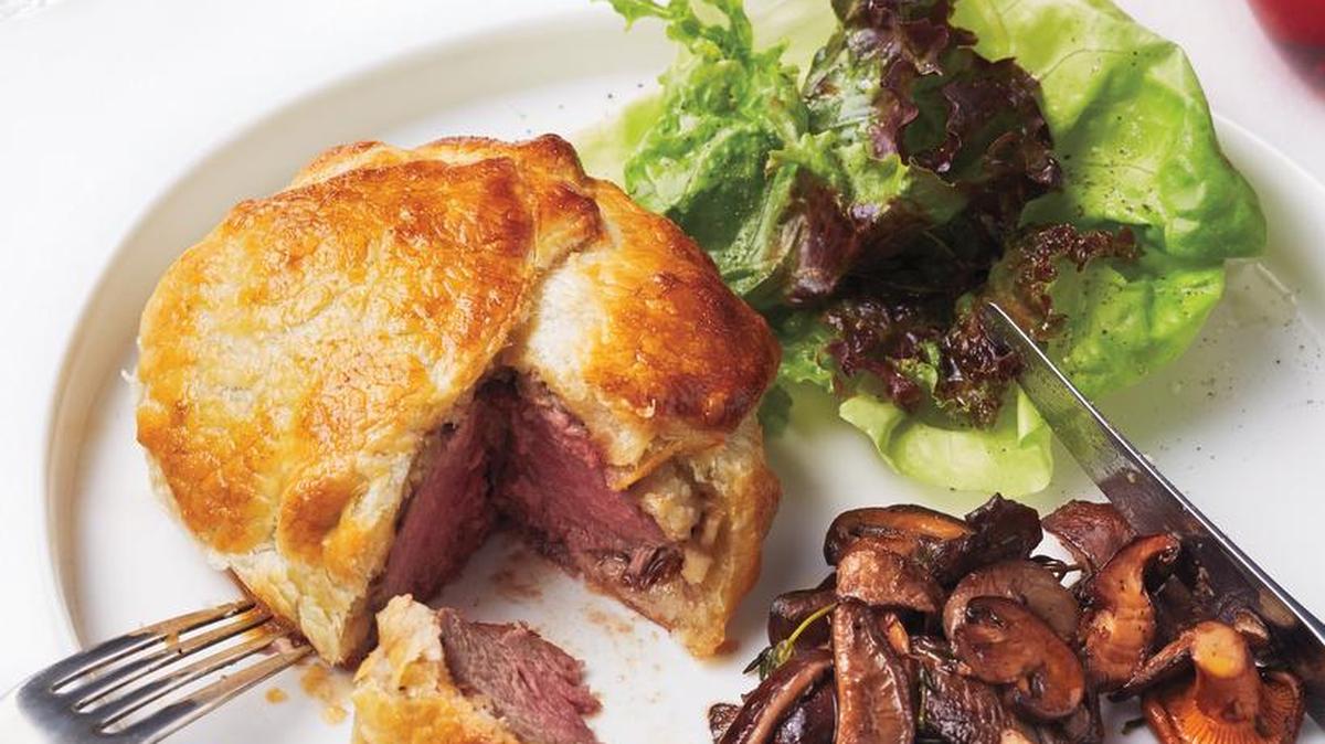 Mini Beef Wellington and Sauteed Mushrooms With Cognac: Treat your family and friends to this sumptuous meal.