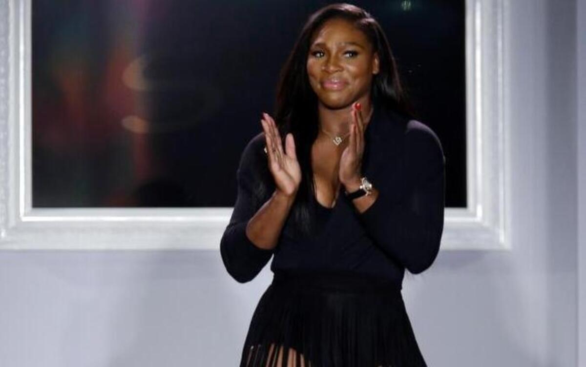 
Serena Williams acknowledges audience audience applause after the presentation of her Spring 2016 collection during Fashion Week in New York.
