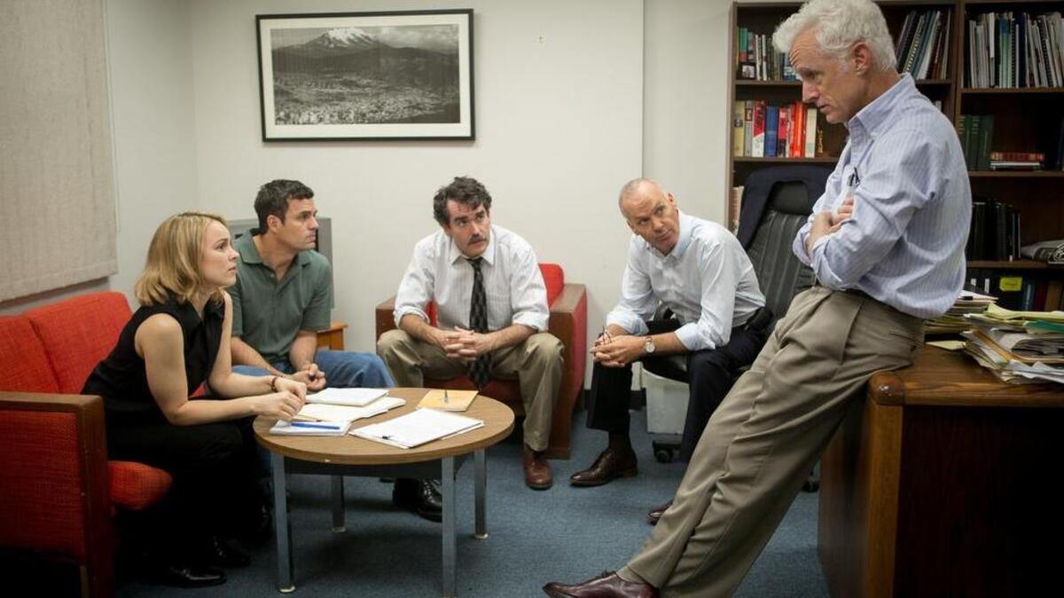 From left, Rachel McAdams, Mark Ruffalo, Brian d’Arcy James, Michael Keaton and John Slattery in a scene from the film, Spotlight.