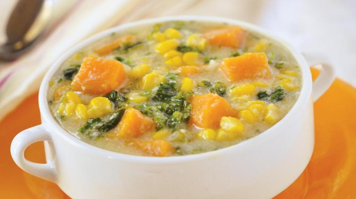Chunky Corn Chowder is even healthier with kale and sweet potato.