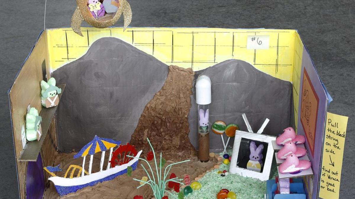 2015 winner (adult): “Charlie and the Peep Factory” Creators: Rusty and Amy Suson About the creation: The elaborate and interactive display of the classic film about Willy Wonka included Oompa Loompas, a river of chocolate and each of the main characters meeting their sticky end. “I wanted to do someting for my kids at school,” Amy said. “Something related to books.”