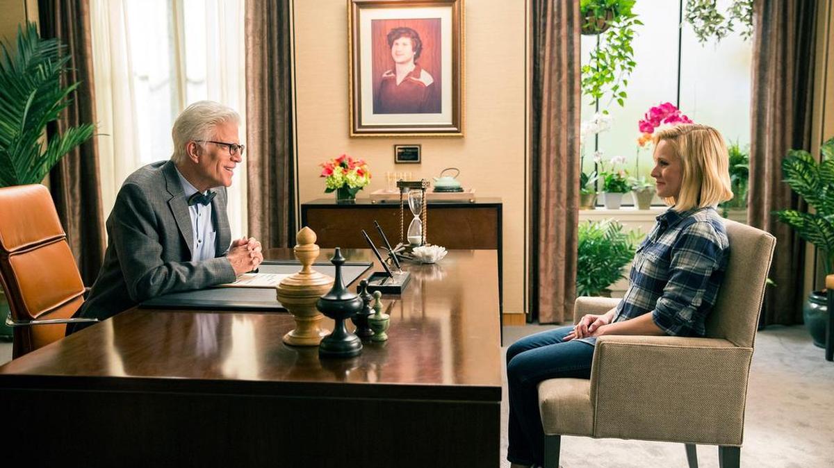 Eleanor (Kristen Bell) gets to the Good Place, aka heaven, on a clerical error. She tries to hide this fact from Michael (Ted Danson).