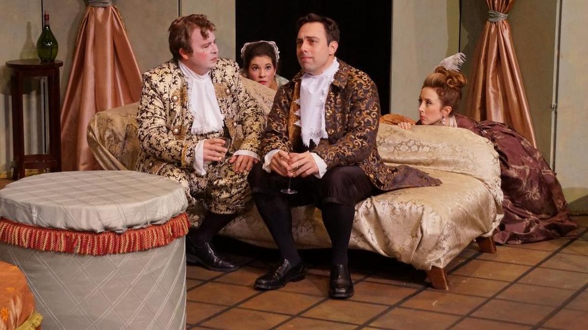 Michael Johnson (Cleante), Karen Matheny (Dorine), Andrew Manning (Tartuffe), and Julie Rhodes (Elmire) in ‘Tartuffe’