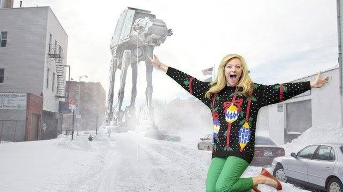 The Empire strikes back as social-media users have fun with a Star-Telegram shot of WFAA/Channel8 meteorologist Colleen Coyle jumping in front of a green screen in one of her Christmas sweaters (original photo of Coyle by Max Faulkner, Star-Telegram)