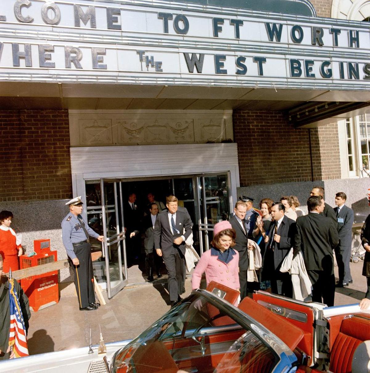 The president and his wife, Jackie, depart the Hotel Texas for a motorcade through Fort Worth to Carswell Air Force Base, from which they would fly to Dallas Love Field.