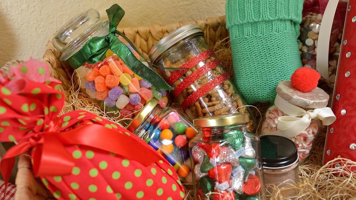 Save your recycled glass jars — or buy them inexpensively at discount stores. They make great containers for candy, homemade cookies and other gift items.
