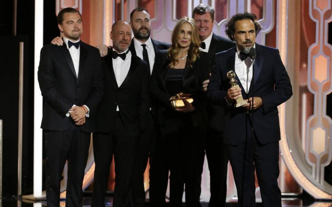 The Revenant director Alejandro Gonzales Iñárritu accepts the award for best drama. The film also won best director and best actor for Leonardo DiCaprio.