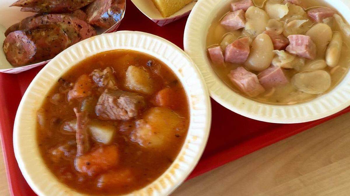 
Beef stew, ham-and-limas and homemade kielbasa at the main Riscky’s.

