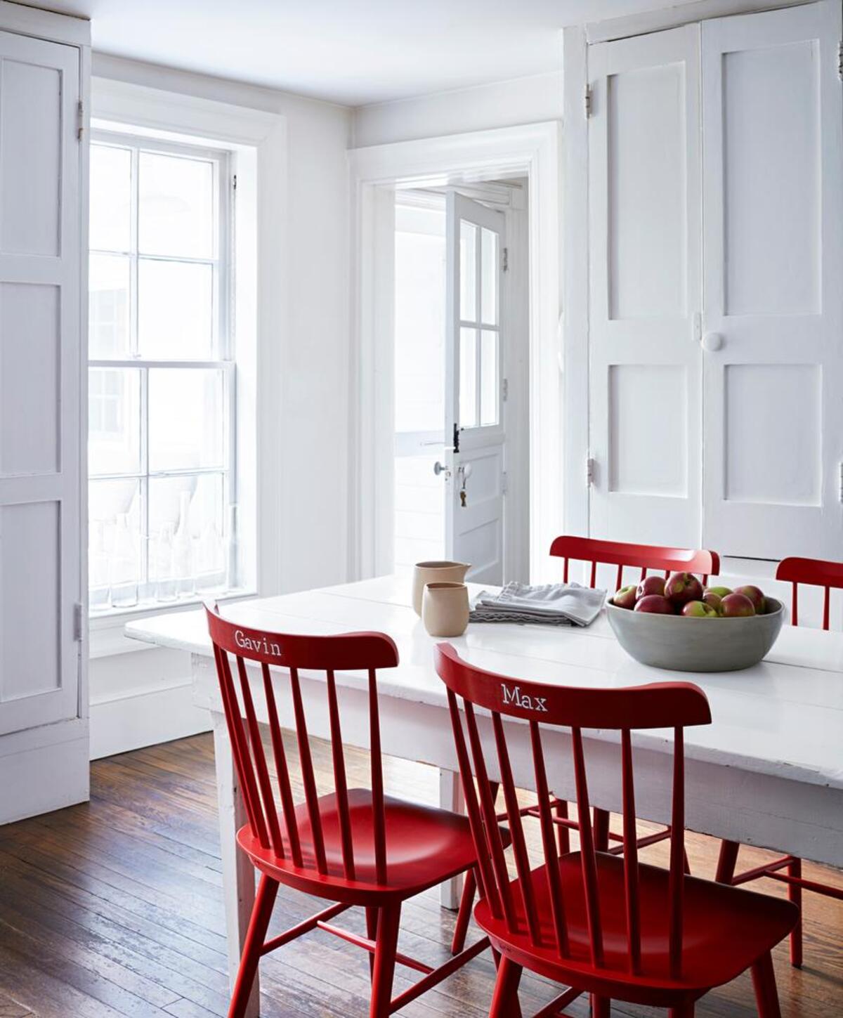 For easy and stable stenciling, flip chairs over onto a drop cloth. Just don’t forget you’re working upside down.
