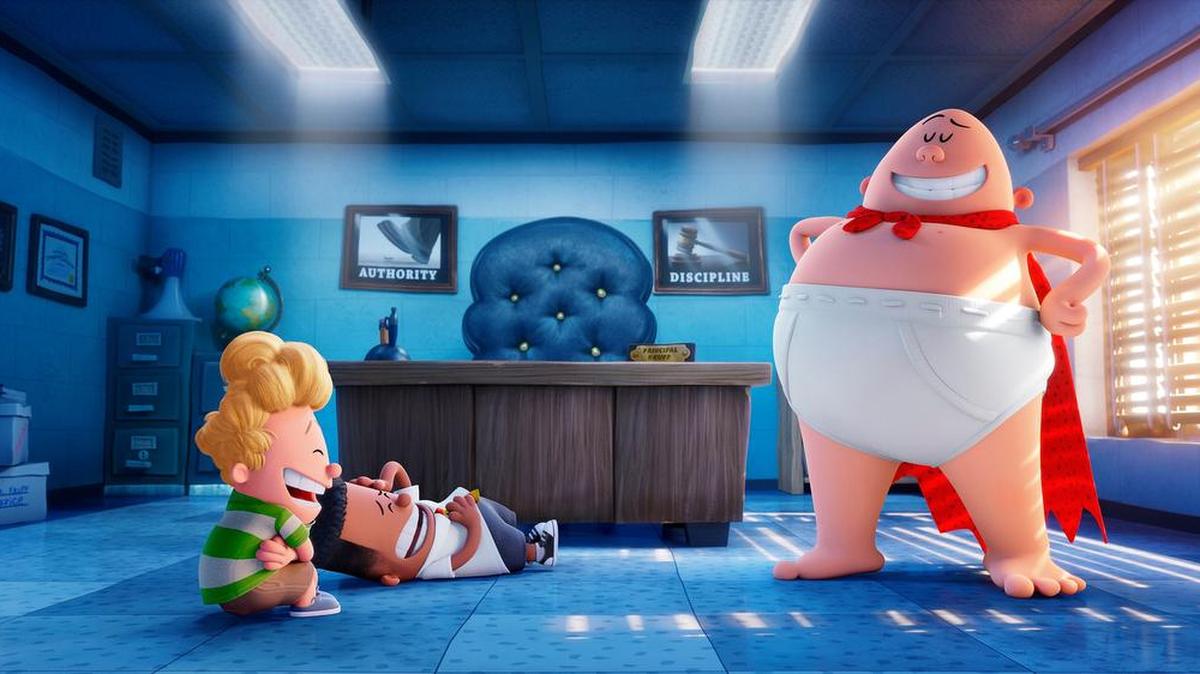 From left, Harold (voiced by Thomas Middleditch) and George (voiced by Kevin Hart) crack up at the sight Captain Underpants (voiced by Ed Helms) in DreamWorks Animation’s “Captain Underpants: The First Epic Movie.”