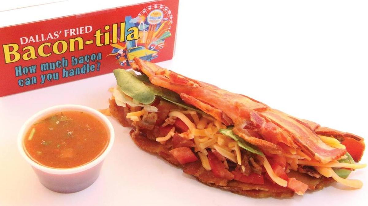 Dallas’ Fried Bacon-Tilla at State Fair of Texas. Yes, that is a taco shell made out of bacon.